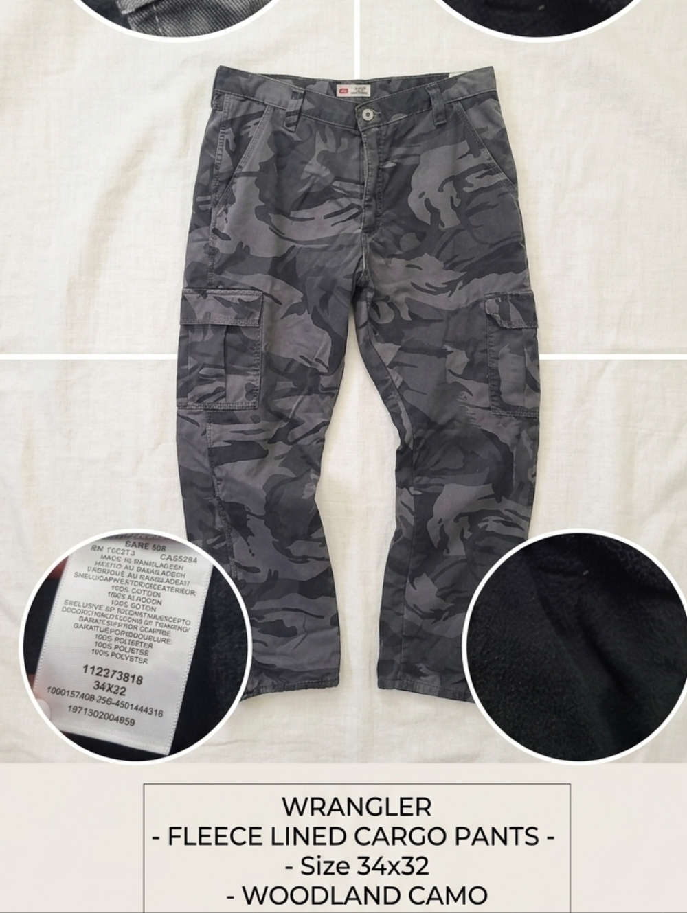 Wrangler Fleece-Lined Cargo Pants Gray&Black Woodland Camo Size 34×32